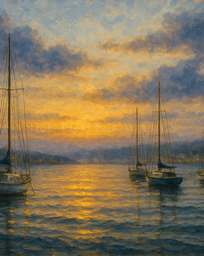 Golden coastal harbor print set